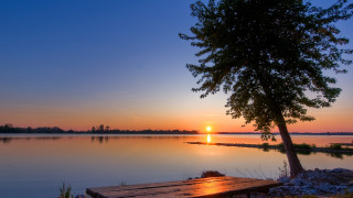 Lake sunset bench tree forest - the shore of a lake free wallpaper