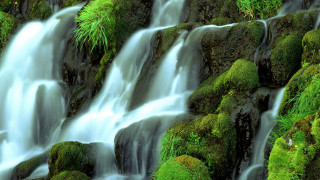 Mossy waterfall forest landscape impressionist - the rock and water free wallpaper