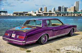 Purple car lake city skyline - gaudy color free wallpaper