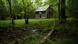 Log cabin woods stream background - balcomb greene free wallpaper