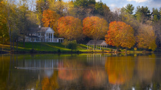 House lake autumn trees fall - orange leaf free wallpaper for desktop