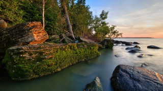 Rocky shore trees water sunset - digital photography free wallpaper