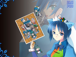 Girl puzzle cat blue bow - a picture of a cat free wallpaper