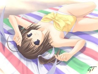 Girl lying knife yellow bow - anime girl free wallpaper