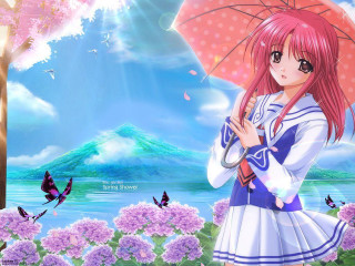 Pink hair girl umbrella flower 2 - an umbrella in front free wallpaper