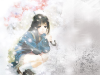 Woman umbrella snow trees impressionism - an umbrella in the snow free wallpaper