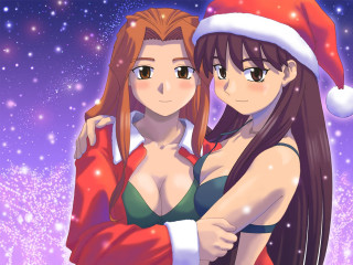 Santa hug anime girls christmas - a santa hat free wallpaper