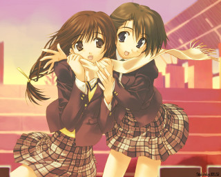 Two girls hug school uniform - school uniform free wallpaper