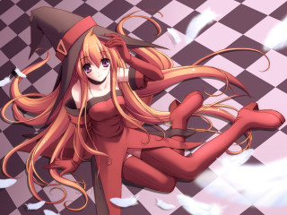 Woman longhair hat checkeredfloor feathers - long hair and a hat free wallpaper