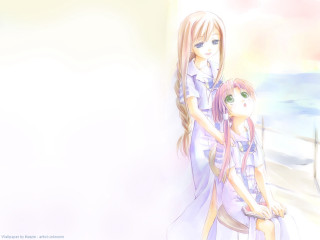 Anime girls ocean bench rainbow - a couple of anime girls sitting next free wallpaper