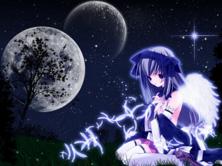 Girl fullmoon stars tree anime - the ground in front free wallpaper for desktop