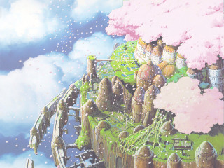 Castle sky clouds train flowers - the track free wallpaper