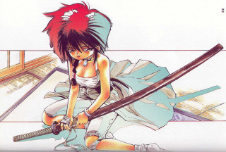 Red haired sword woman kneeling - a red hair free wallpaper