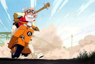 Cartoon character motorcycle guitar sky - a cartoon character riding free wallpaper