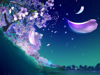 Night moon tree lake fantasy - dreamlike free wallpaper for desktop