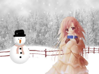 Snowman girl winter scene fence - net art free wallpaper