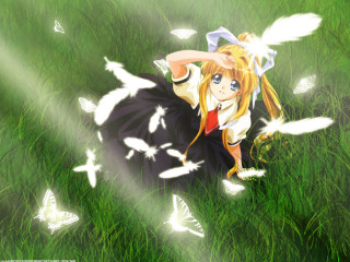 Girl butterflies grass dress blue - her head and a butterfly free wallpaper