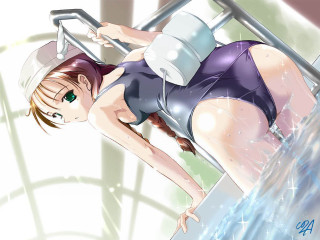 Woman ladder hose bucket pool - a ladder free wallpaper