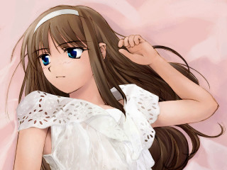 Girl longhair white shirt pinkbackground - official art free wallpaper for desktop