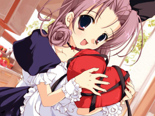 Woman holding heart pillow anime - a red pillow free wallpaper