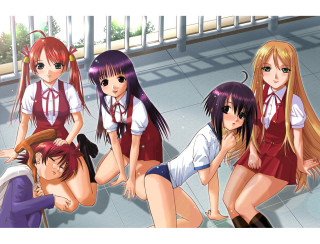 Anime girls room window group - a window behind them free wallpaper