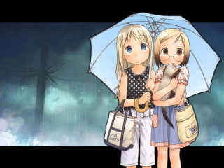 Two girls rain umbrella dog - holding free wallpaper for desktop