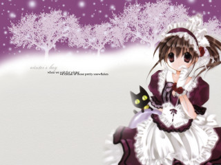 Girl cat snow purple night - gothic art free wallpaper