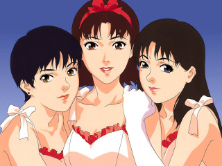 Three anime girls red bow - a white top free wallpaper for desktop