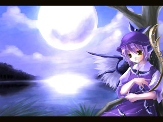 Anime girl bow arrow lake - a full moon in the background free wallpaper for desktop