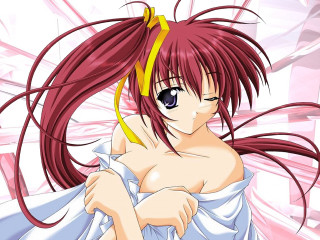 Woman longhair yellowheadband blush ponytail - anime visual free wallpaper for desktop