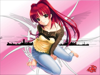 Red hair girl sitting cityscape - a city skyline in the background free wallpaper for desktop