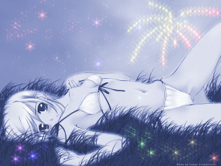 Woman grass rainbow stars anime - a drawing of a woman free wallpaper