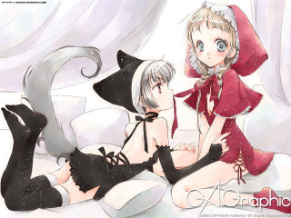 Anime girls bed cat capelet - top of a bed together free wallpaper for desktop