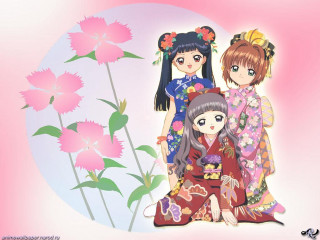 Three anime girls flower vase - a pink circle free wallpaper