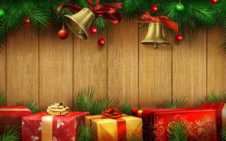 Christmas presents bells pine wooden 2 - a christmas background free wallpaper