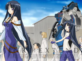 Woman purple dress robot man - blue pants free wallpaper