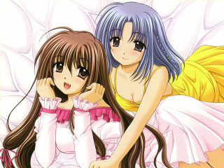 Anime girls bed blue brown - their back free wallpaper