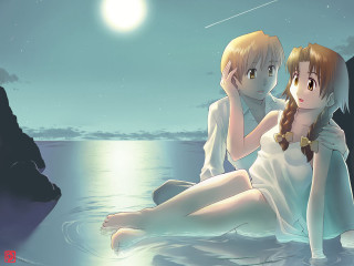Anime couple water moon beach - a couple of anime characters free wallpaper