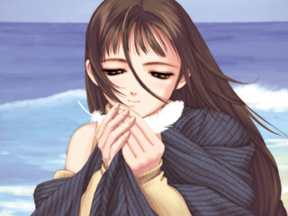 Woman longhair scarf ocean portrait - her shoulder free wallpaper