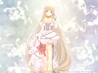 Anime girl longhair flower bird - long hair and a dress free wallpaper