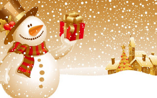 Snowman holding gift snowy village 2 - a gift free wallpaper