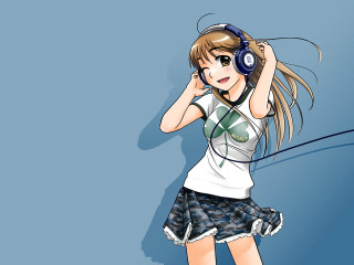 Girl headphones white shirt blue - a blue wall free wallpaper