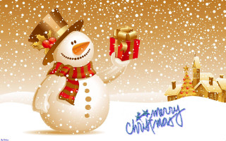 Snowman holding gift snow background - a gift free wallpaper