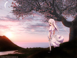 Gothic anime woman sunset lake - a half moon in the sky free wallpaper