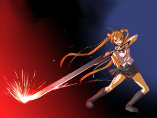 Anime sword woman fire blood - a woman holding free wallpaper for desktop