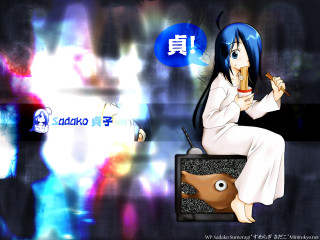 Blue haired anime woman sitting - her mouth and a cigarette free wallpaper