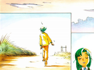 Girl beach sunset green hair - a comic strip free wallpaper