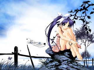 Girl sitting rock sword tree - her hand and a tree in the background free wallpaper