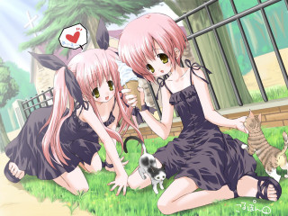 Two girls cats dresses park - their lap free wallpaper