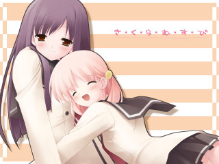 Anime girls hug striped background - background behind them free wallpaper